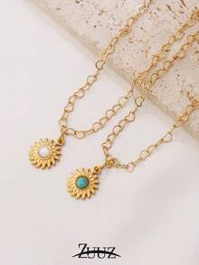 1pc Bohemian Style Stainless Steel Natural Stone Sun Charm Necklace For Women Heart Chain Necklace Collar Chain Jewelry Gifts - Yellow Gold - View 3