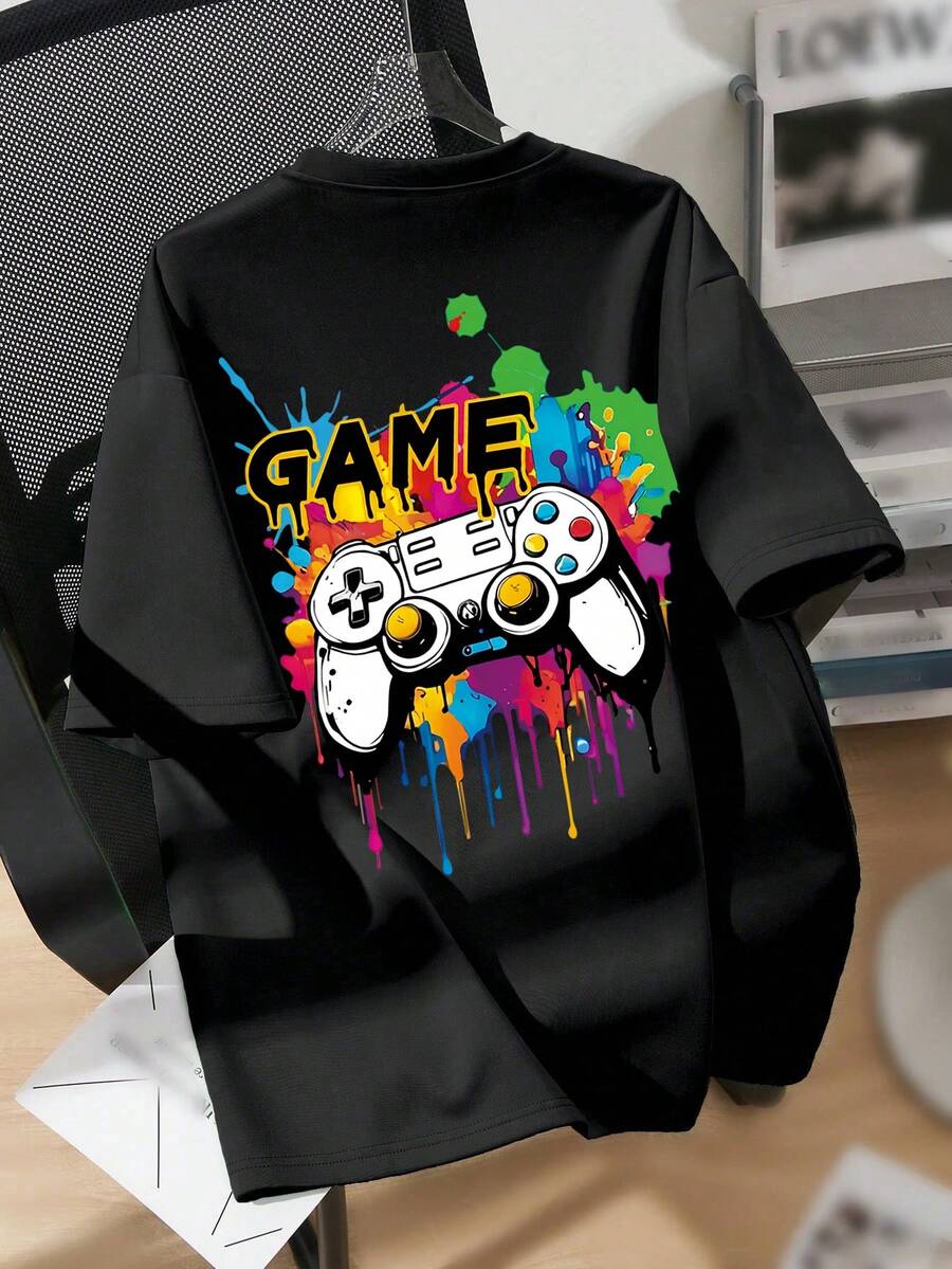 青少年男孩卡通游戏印花圆领T恤 春夏男童休闲T恤 柔软上衣 - 黑色 - 查看 1