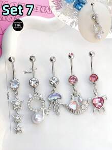 Morlyda 5件套可爱甜美粉色钢制蝴蝶、爱心、花朵肚脐环，不锈钢蛇形十字肚脐环，亚克力星星吊坠肚脐环，闪电肚脐环，猫咪肚脐环，适合女性和女孩，可用于情人节、圣诞节、日常佩戴、派对、度假、聚会等场合。 - 粉色 - 查看 5