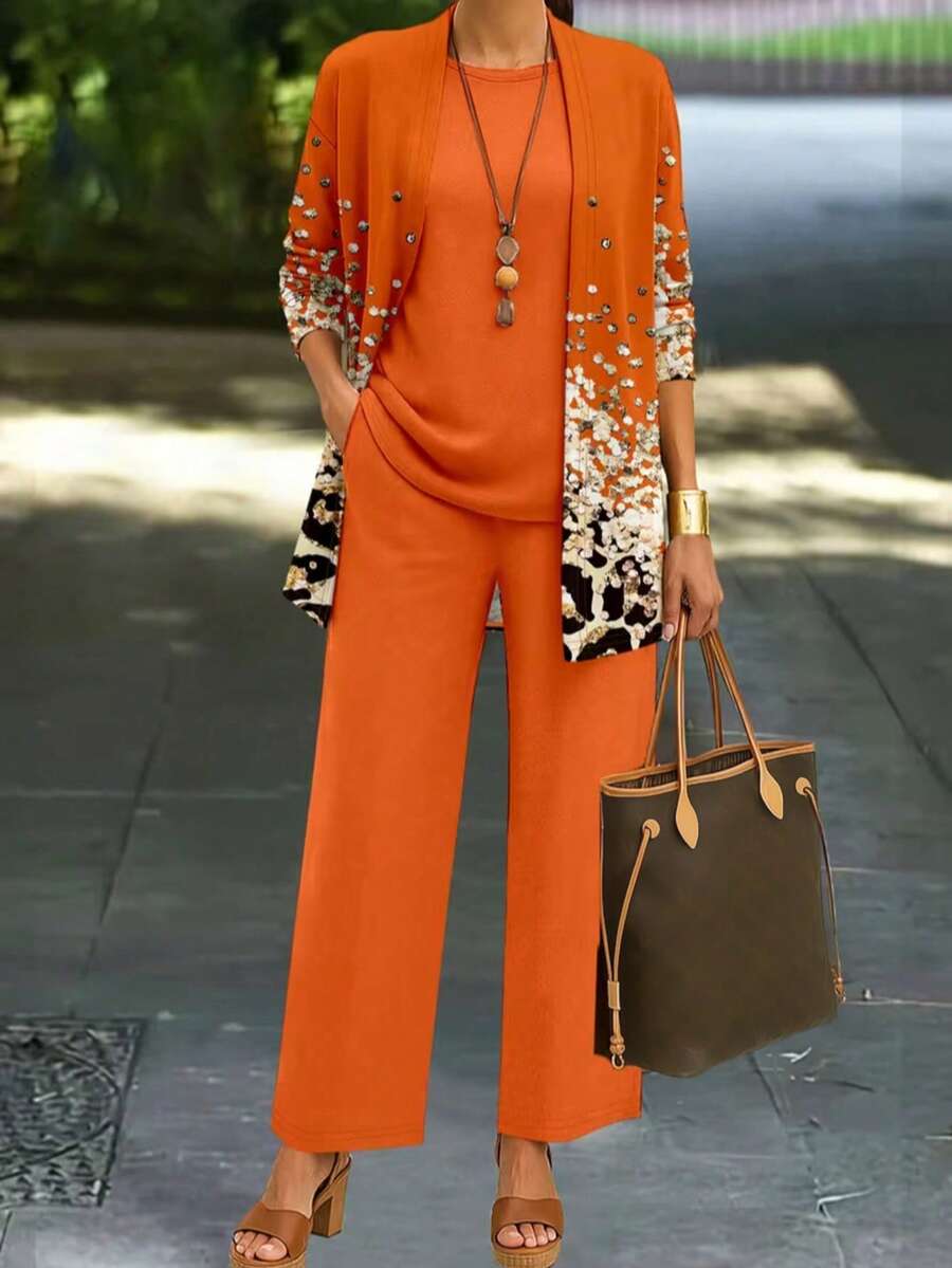 Plus Size Women's Fashionable Printed 3 Pieces Set Spring Elegant - Orange - View 1