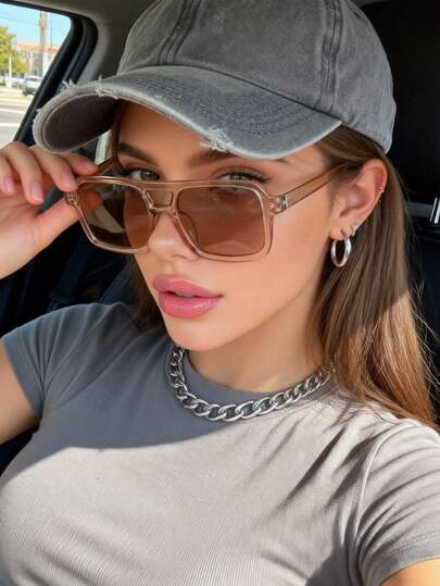 1 Pair Women's Aviator Frame Casual Champagne Color Fashion Square Decorative Glasses, Suitable For Daily Wear, Parties, Vacations, Driving