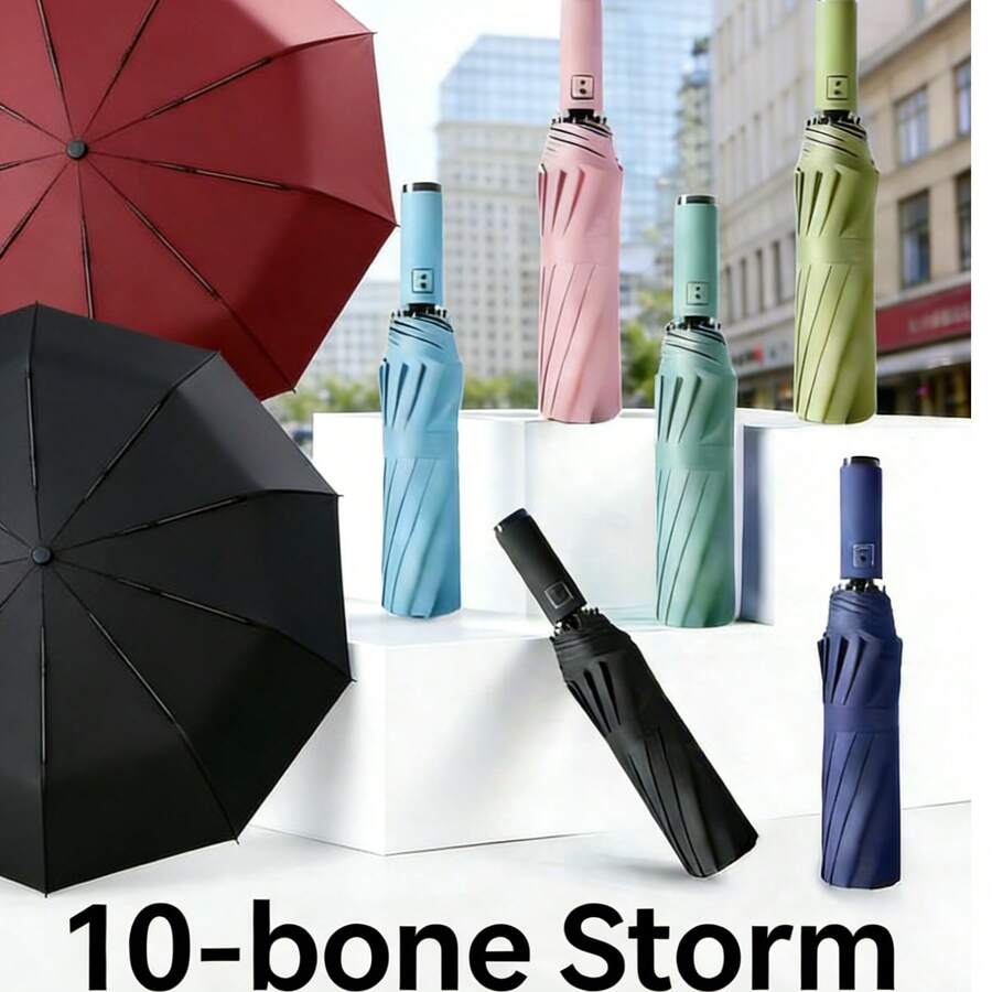 1把自动折叠伞，10根钢骨，190T伞面，防风设计，一键开合，便携旅行伞，塑料手柄，自动防风伞，女士适用，雨伞，强光防雨，高品质男女通用伞，通勤、旅行、日常使用的理想之选 - 成人礼品 - 多色 - 查看 1