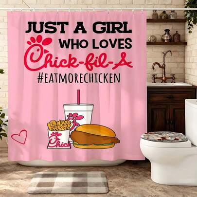 1件“爱吃鸡的女孩”挂钩式浴帘，快餐主题浴室浴帘，印有汉堡、薯条和饮料图案，适合美食爱好者，粉色幽默浴室配件，时尚浴室用品，餐厅爱好者的必备单品，大胆的少女浴室浴帘，高品质浴室浴帘，美食主题家居装饰