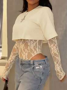 Áo croptop tay ngắn xuyên thấu ren gợi cảm dành cho nữ, áo liền thân ren phối màu trơn, thích hợp mặc hàng ngày, hẹn hò, tiệc tùng, biểu diễn sân khấu, phong cách thanh lịch mùa xuân/hè. - Màu be - Xem 5