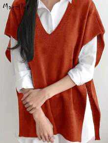 大码女式套头毛衣，休闲舒适V领无袖针织上衣 - 橘紅色 - 查看 4