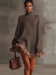 Autumn New Knitted High Neck Ruffle Edge Spliced Long Sleeved Gray Sweater, Graduation Gift, Must-Have For Returning To School, Casual Commuting Style, Street Style  Casual    Rib-Knit  Contrast Faux Fur    Vacation  Beach - 棕色 - 查看 2