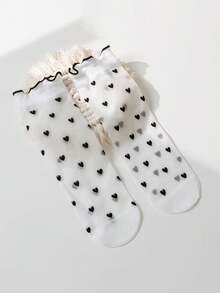 4 Pairs Girls' Mid-Calf Socks With Heart, Bow, Polka Dot, Flower Patterns, Straight Tube Design With Black & White Ruffle Trim, Spring/Summer - Multicolor - View 6