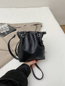 1pc Black Bucket Bag, New Fashionable Minimalist Solid Color PU Leather Shoulder Crossbody Bag For Women - Black - View 4