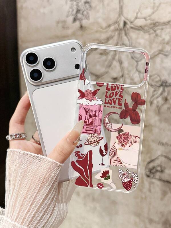 Capa de Telefone Transparente Collage Doce e Fresca | Tema de AMOR Estilo Romântico Ins | Capa de Telefone Dia dos Namorados | Capa de Telefone com Padrão de Anjo Vintage, Cachorro de Balão, Lua, Taça de Vinho, Flor, Borboleta, Compatível com Capas de Telefone e Galaxy, Compatível com iPhone 16/ 17/ 17 Pro Max/ 12 Pro