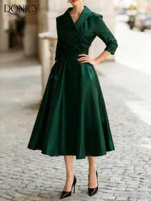 DONICY Đầm sơ mi dài tay cổ chéo sang trọng, ôm dáng dành cho nữ mùa thu/đông, chất liệu satin cao cấp, thích hợp cho hẹn hò, tiệc tùng, sự kiện kinh doanh và đi làm. - màu xanh lá - Xem 7