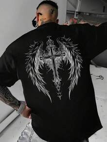 Graphic Tees Women Men's Fashion Street Dark Wing Print Silk Short Sleeve T-Shirt Men's Summer Casual 180g Pure Cotton T-Shirt Patterned Printed Short Sleeved Top T-Shirt - 黑色 - 查看 1