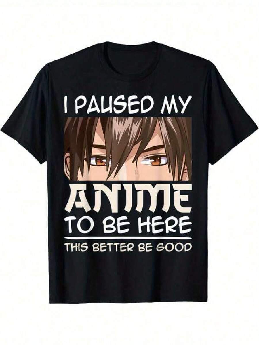Shirts For Men Men Plus Size Men Anime Graphic T-ShirtI Paused My Anime To Come Here Black Cotton T-Shirt Manga Design Casual Comfortable For All Seasons Big Men Size L-3XL 4XL 5XL Men's Casual Print Round Neck Short Sleeve T-Shirt Men Women T-Shirt Print Tee - 黑色 - 查看 1