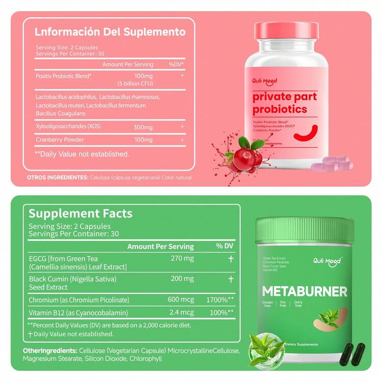 Quit mood Probióticos con Arándano Rojo + Metaburner con Extracto de Té Verde - Combo para Salud Íntima y Metabolismo Activo - Combo de 2 frascos - Añade 4