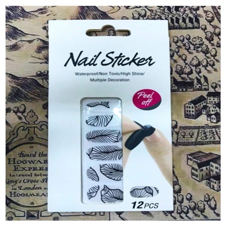 OISE ART STORE Nail Art Stickers Foglie Nero Argento Glitter 12 Decorazioni Adesiva Peel Off - - Multicolore - Visualizzare 1