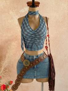 Sexy Backless Fitted Vintage Plaid Camisole, Suitable For Valentine's Day Outings, Beach Vacations, Carnival Parties, Spring/Summer - Blue - View 3