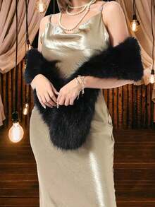 1pc Women Solid Color Faux Fur Scarf, Party Fake Fur Collar, Winter Wedding Ceremony Accessory - 20th Century Style For Dress ZIFQ - Black - View 2