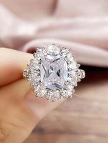 1pc Fashionable Square Cubic Zirconia Ring For Women, Suitable For Wedding, Engagement Party, Valentine's Day Gift - Silver - View 8