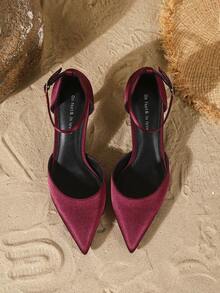 On feet& in love Women's Fashionable Elegant Strap Pointed Toe Hollow Lacquered Mid-Heel Pumps, Suitable For Dresses And Weddings - Burgundy - View 6