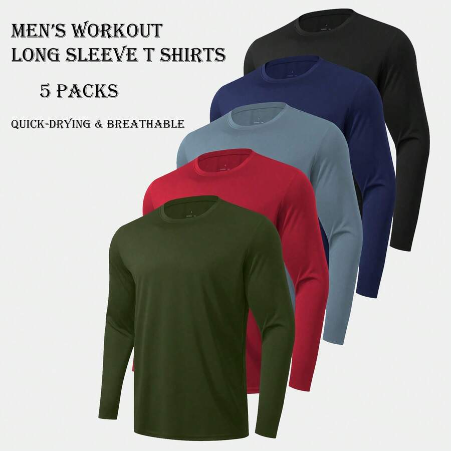 5 Pack Men's Long Sleeve T Shirts Workout Tops For Men Moisture Wicking UPF SPF Sun Protection Tee Shirts Absorbs Sweat Breathable Sports Tops Energetic Multi-Color Workout T Shirts Casual For Football Gym Running Sports - 彩色 - 查看 1