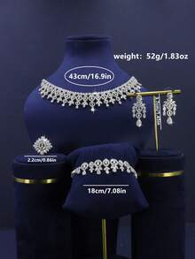 5pcs Luxury Royal Style Geometric Tassel Design Bridal Wedding Jewelry Set, Including Necklace, Bracelet, Earrings, Ring, Suitable For Daily Wedding Wear, Wedding Anniversary Gift (Comes In Gold Gift Box) - White - View 4