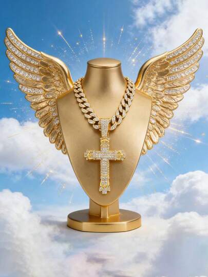 奢华水钻镶嵌超大双层3D十字架吊坠项链，独特嘻哈复古风，说唱配饰