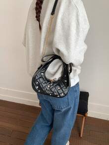 Fashionable Bowknot Rhombus Pearl Shoulder Underarm Bag, Handbag & Crossbody Bag For Women - Black - View 5