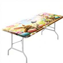 1 Stück Frühlings-Hase & bunte Eier Tischdecke mit Gummizug, flatternde Schmetterlinge, lebendige Dekoration für Esstisch, Outdoor-Picknick, Innen- und Außenbereich - Verschiedenfarbig - Übersicht 7