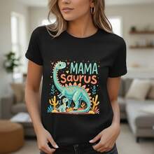 Women's Mama Saurus Dinosaur Print Cotton T-Shirt, Casual Short Sleeve Crewneck Tee, Mother's Day Gift Top, S-5XL Sizes, Soft Breathable Fabric, Cute Mommy & Baby Dino Graphic Shirt, Summer Casual Wear - 黑色 - 查看 1
