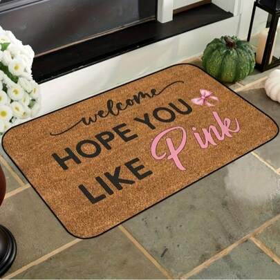 1pc Watercolor Pink Butterfly Pattern Welcome Mat - "Hope You Enjoy The Pink" Non-Slip, Polyester Fiber Doormat, Suitable For Bathroom And Living Room Decor, Bath Mat