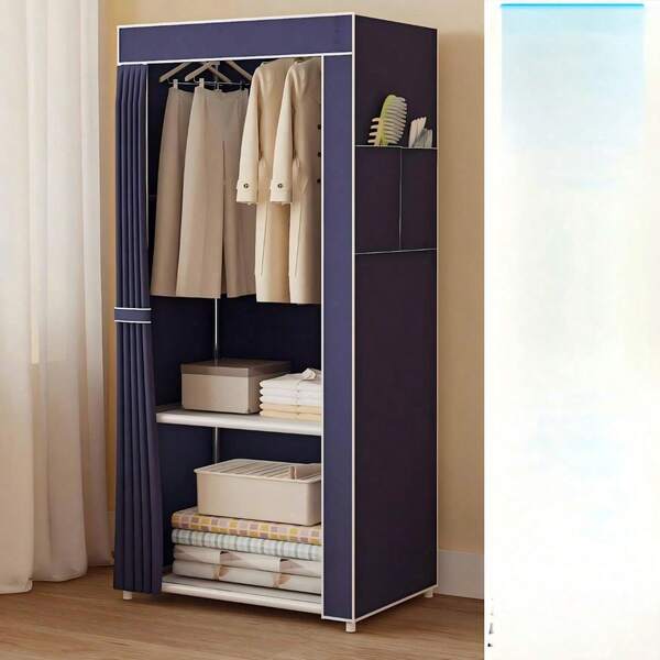 Multi-Layer Minimalist Wardrobe, Suitable For Home Entrance, Dorm, And Rental Use, Metal Hanger Hooks Storage, Large Capacity Storage, Compartmentalized Storage, Includes Hanging Area, Dust-Proof Fabric, Easy Assembly, Multi-Layer Storage Compartments, Bottom Can Store Shoes, Suitable For Rental Use