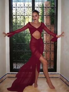 Long Sleeve V-Neck Frill Trim Sheer Mesh Bodycon Dress Spring Elegant - Burgundy - View 4