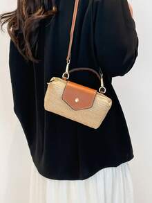 春夏新款女士迷你新月草编包，度假沙滩包，简约单肩包，磁扣饺子包，休闲可爱时尚手提包 - 卡其色 - 查看 5