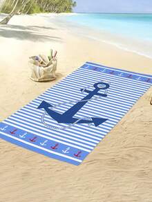 1pc Fashionable Simple Blue Striped Beach Towel, Anchor & Ocean Printed Beach Towel, Super Soft Quick Dry Beach Towel, Suitable For Travel, Camping, Swimming Pool, Yoga, Fitness, Shower, Beach Swimming Accessories, Beach Holiday Essential Gift (Single-Sided Floral Print, Multiple Colors Available) - Blue Stripes - View 7