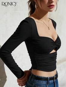 DONICY 女士黑色方领扭结镂空长袖露脐上衣，适合情人节、狂欢节和日常穿着 - 黑色 - 查看 6