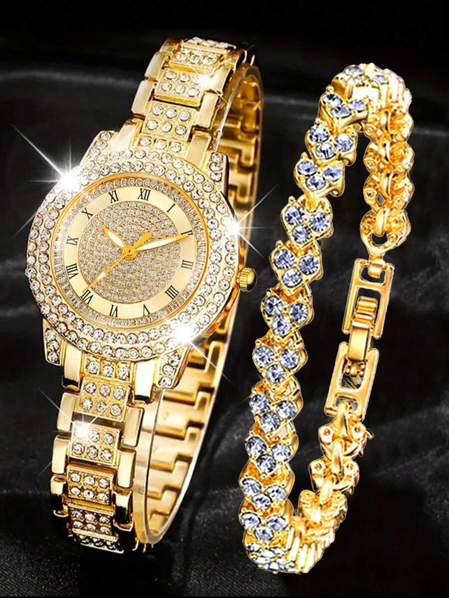 两件套优雅水晶腕表，时尚简约奢华全水晶女士石英腕表搭配心形钻石手链，适合节日、派对、婚礼、日常佩戴，是送给女性的最佳礼物。 - 金色 - 查看 1