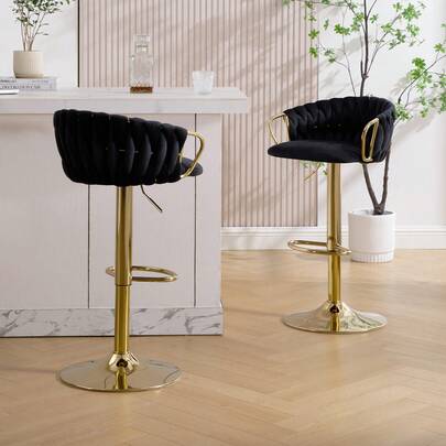 Barhocker 2er Set Barstuhl Höhenverstellbar aus Samtstoff, Küchenhocker mit Geflochtener Lehne Fußstütze, 360° Drehbarer Barhocker mit Metallgestell, Geeignet für Restaurant, Bar, Schwarz