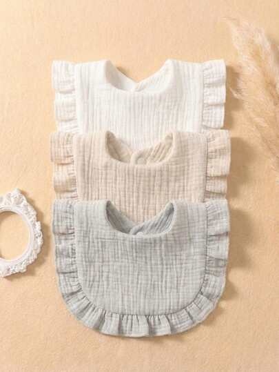 Set de 3 baberos/paños de algodón puro de gasa de color caramelo lindo para bebés recién nacidos, adecuado para uso diario con diseño de volantes