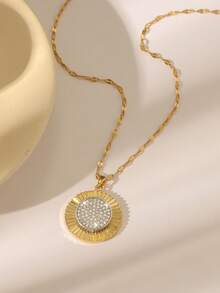 女士奢华闪耀圆盘/旭日/3D五角星吊坠项链，高光泽镀金锆石链，通勤和约会皆宜，金色首饰 - 金色 - 查看 3