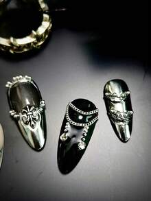 10片哥特朋克金属巴洛克风格亮银色、黑色、白色假指甲，DIY手工法式尖头哑光亮面美甲贴纸美甲用品 - 黑色 - 查看 2