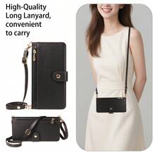 1pc Flip Cover Protective Case Compatible With Apple 17 ProMax/16/15/14/13/12/11 Pro, A56, Redmi NOTE 14 PRO 5G, With Card Slots, Zipper Pocket - Black - View 3