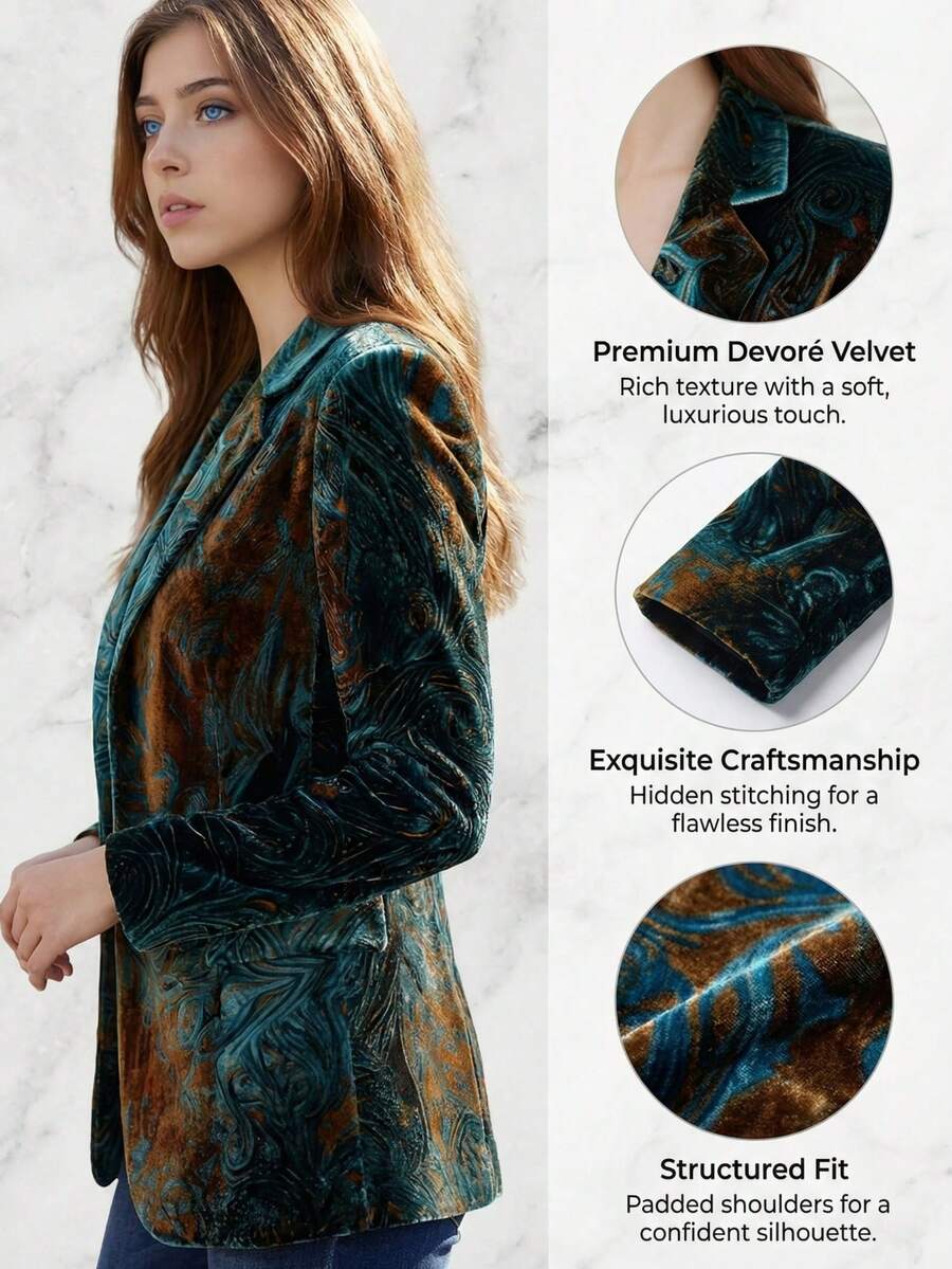 Stylish Retro Paisley Print Women's Blazer, Autumn/Winter Bohemian Style Coat, Suitable For Casual Commuting And Office Wear, A Unique Autumn Outerwear Piece, A Fashionable Street Style Item For Everyday Outings And Bohemian Parties. - 墨綠色 - 查看 1