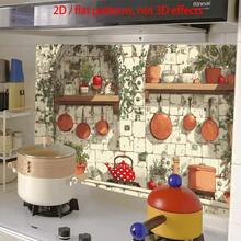 这款单片式2D平面设计厨房墙贴，以经典的橱柜配色和摆放在架子上的各种厨房用具为特色，营造出怀旧的氛围。它易于粘贴，经久耐用，采用PVC自粘纸制成。 - 款式1 - 查看 8