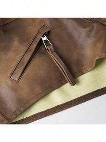 Women's Distressed Leather Mini Shorts With Wide Waistband & Utility Zipper Detailing - Retro Moto Style Featuring A Vintage Wash And Contrast Metal Hardware For Urban Edge - 棕色 - 查看 8