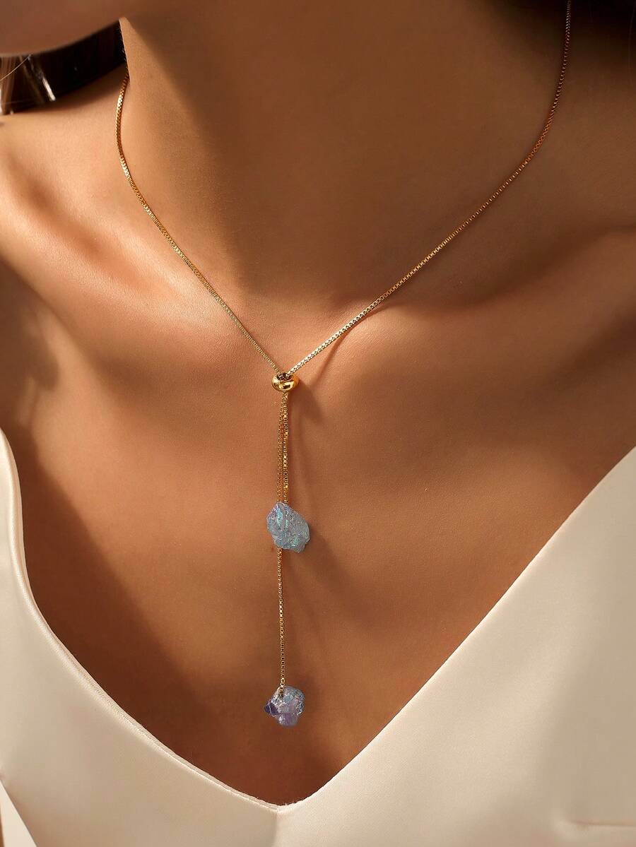 Nooxian 1件 时尚可调节蓝色紫水晶天然石吊坠项链 - 金黃色 - 查看 1