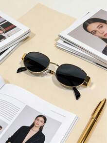 Óculos de Sol Vintage Feminino de Metal, Formato Oval - Acessório Retrô para Praia e Atividades ao Ar Livre, Ideal para Férias e Uso Diário - Dourado - Visão 2