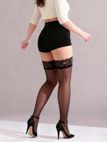 两双新款女士性感蕾丝高筒过膝长筒袜 – 透明黑色长筒袜，适合约会之夜和派对 - 黑色 - 查看 9