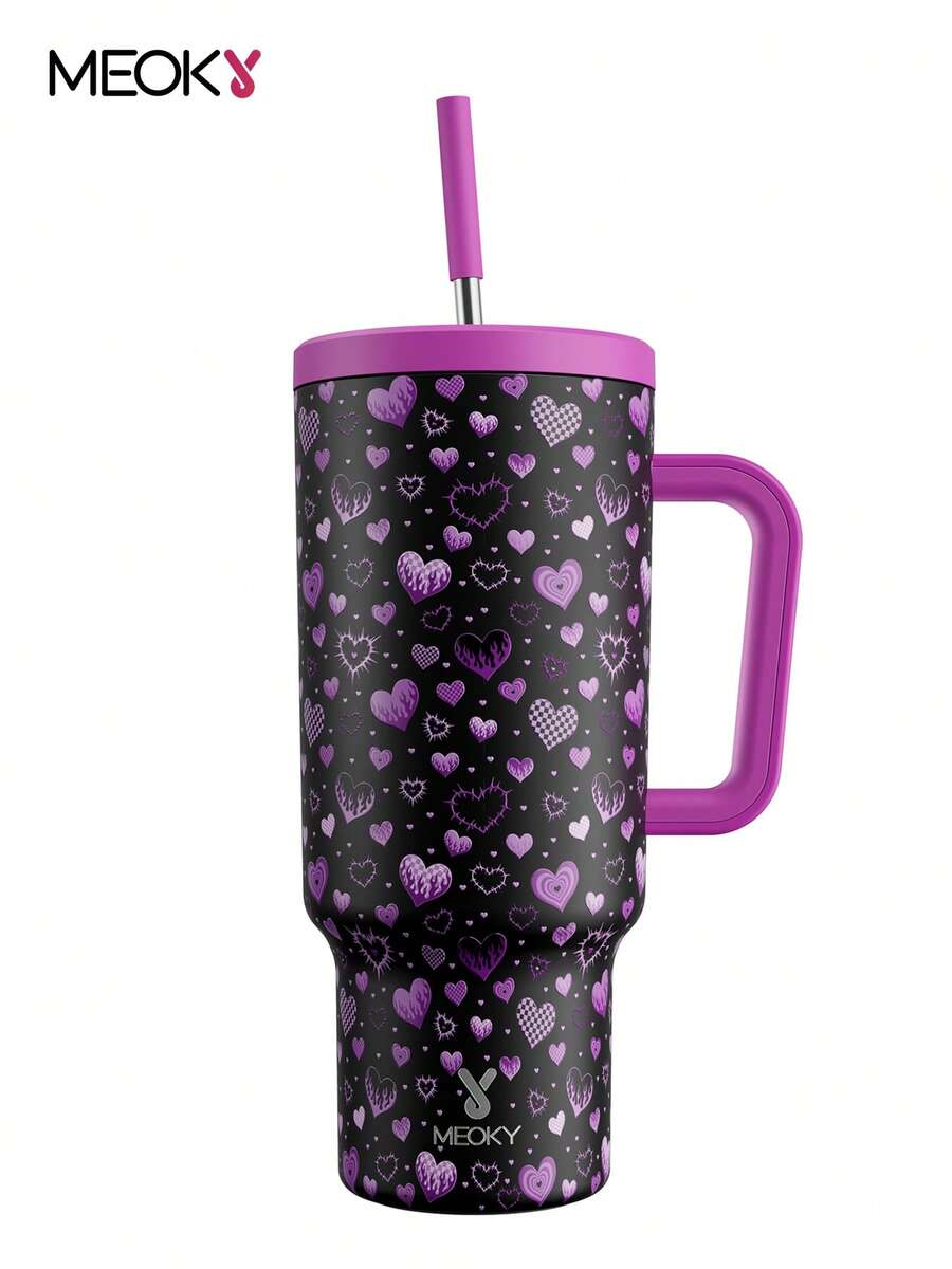 Meoky 40oz Tumbler with Handle and Straw, Insulated Cup, Vacuum Insulated Water Bottle, Tumbler with Lid and Straw, Insulated Stainless Steel Travel Mug, 100% Leak-proof, Keeps Cold for 34 Hours or Hot for 10 Hours - 黑色 - 查看 1