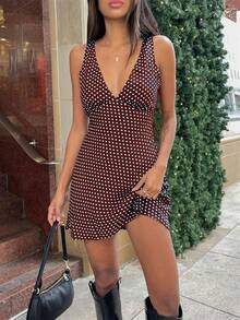 Women Boho Summer Polka Dots Tank Dress Sleeveless Deep V-Neck Bodycon Tie Back Casual Short Mini Dress Holiday Beachwear Sundress Party Clubwear - Cà phê nâu - Xem 7