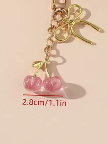 1pc Unisex New Shiny Faux Cherry Keychain Fashionable Delicate 3D Cherry Bow Bag Charm Travel Essentials Kawaii Chinese - Pink - View 3