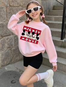 1pc Disney Mickey Mouse Cheerful Mood Print Tween Girls Lovely Relaxed Sweatshirt, Comfortable & Lightweight, Great For Casual Outings & Errands - 粉色 - 查看 2
